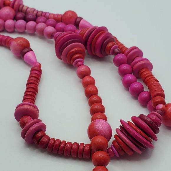 Womens Pink Wooden Beaded Necklace 2 Strand Boho Statement Jewelry Festival - Picture 4 of 6